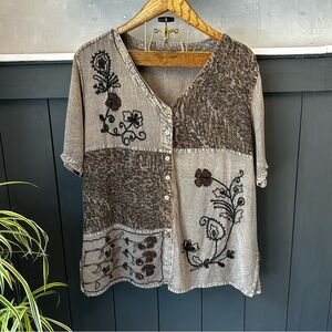 Brown and black multi-print embroidered short sleeve button down‎ shirt sz 1X